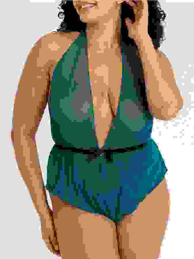 Lovehoney Plus Size Barely There Sheer Green Crotchless Teddy, Green, hi-res